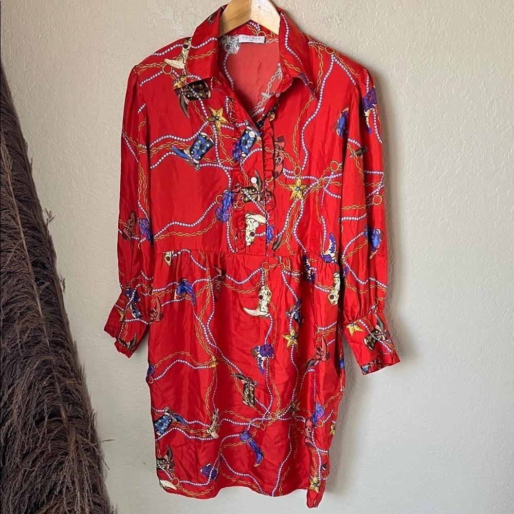 Sandro red silk cowboy boot western style long sleeve dress - Picture 2 of 16